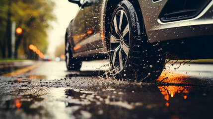 Seasonal rainfall impacts transportation. Wet tires. - Powered by Adobe