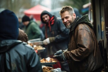 Fototapeta premium Man Holding Tray of Food Amongst Others