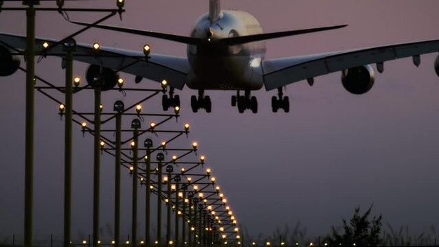 Rear view of a massive four-engine passenger jet descends for landing, following the descent path illuminated by glissade light poles during the evening. Wide-body airplane approaches the runway as