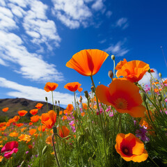 Red California poppies against a clear blue sky with clouds