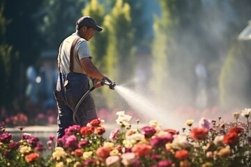 Man Spraying Flowers with Hose - obrazy, fototapety, plakaty