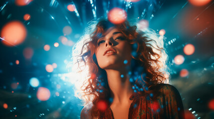 A woman with curly hair standing in front of a colorful lights and blurred sparkles, floating around her head. Mystical and dreamy mood.