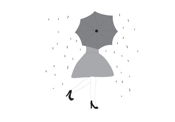 Illustration of a girl Under an umbrella on a rainy day. line drawing vector.