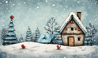 Fototapeta na wymiar Postcard with a cartoon of a cute christmas house