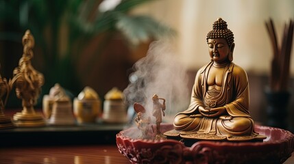 View of a Buddha statue with incense, AI generative