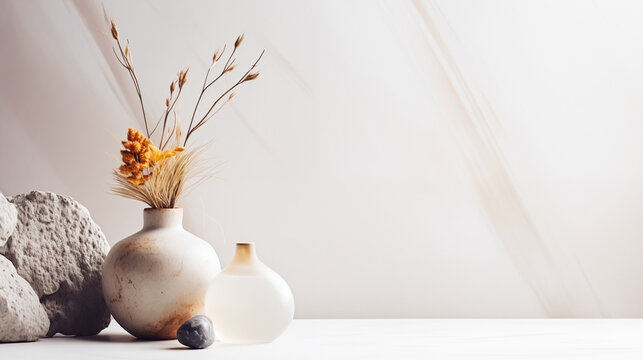 A minimalist home decor setup - a light beige vase with dried flowers in it. Next to the vase is a rock and a small glass vase. The background is a white wall with a shadow of a window.