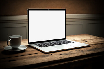 Fototapeta premium Laptop computer with opened lid on table in home office workspace