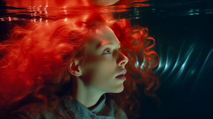 Surrealistic portrait of a red-haired and curly woman underwater in a dark room. Her eyes are open and she has a worried, anxious and surprised expression on her face, her mouth slightly open. 