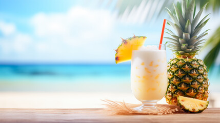 A pineapple and a tropical drink in a glass with ice and a green straw on a wooden table with a beach background - blue ocean with palm trees.