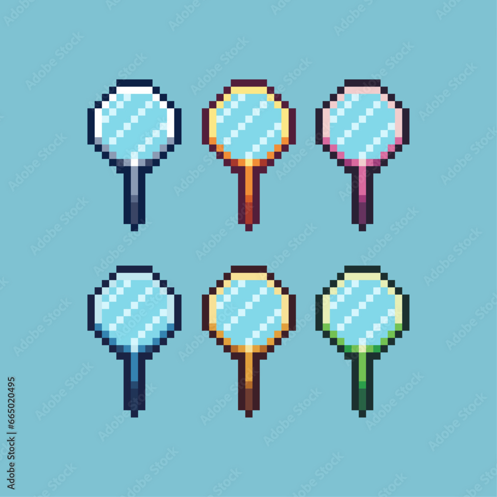 Poster pixel art sets of magnifying glass with variation color item asset. simple bits of magnifying glass 