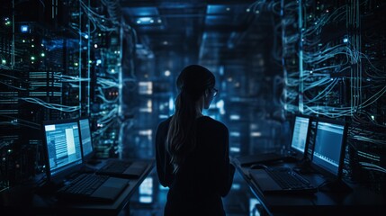 A female engineer works in a shadowy server room, managing laptop, networking and datacenter support.