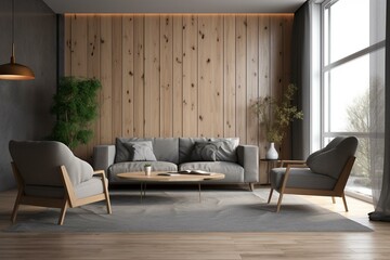 Contemporary living room with grey sofa, armchair, and wooden wall. Generative AI