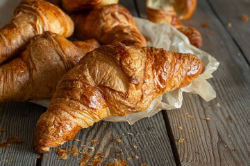 Fresh crispy french croissants on a wooden background. Traditional ruddy puff pastry (buns) for breakfast, delicious dessert.
