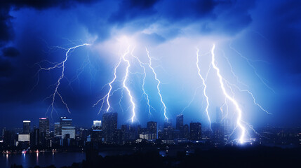 Fototapeta na wymiar A thunderous electrical storm glowed azure above the metropolis.