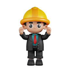 3d Character Engineer Excited Pose. 3d render isolated on transparent backdrop.