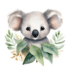 Happy cute koala in leaves in the watercolor style on the white background.