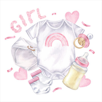Baby girl things set. Vector illustration for shower party. Hand drawn clip art on white isolated background. Watercolor drawing of pink kids stuff. Sketch of bodysuit with pacifier and milk bottle
