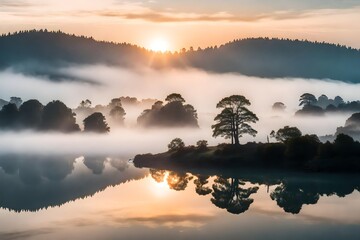 A stunning, misty morning over a tranquil lake with a mist-shrouded island, where the soft rays of sunrise gently touch the water's surface.