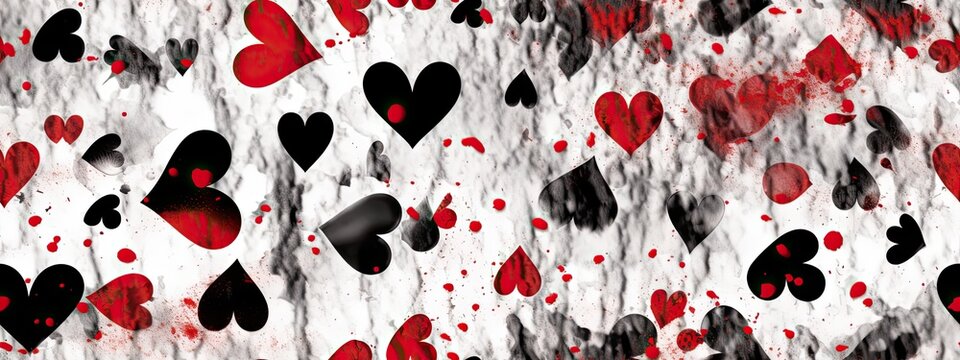 Seamless hearts playing card suit pattern painted with black, white and red paint. Tileable grunge valentines day wallpaper love design motif. Gaming, gambling or poker background texture