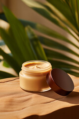 Cosmetics moisturizing cream on the background of nature. Close up.