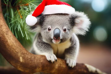 A koala wearing a father christmas festive hat. Cute holiday season animal - obrazy, fototapety, plakaty