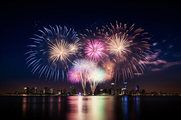 A far away spectacular fireworks display lighting up the night sky over city skyline, captures the excitement and celebration of a special event with the vibrant colors and patterns 