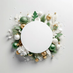 Naklejka na ściany i meble Christmas and New Year round frame with fir branches, pine cones, Christmas balls, snowflakes on white background