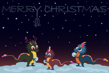 dragons, snowball, merry christmas, stars in the sky,  bell from the stars, snow winter, dragon plays snow ball