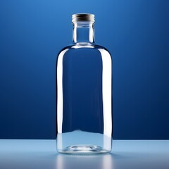 Glass bottle with clean drinking water lit by the sun. blue background with place for text