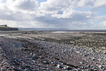 Spectacular view looking west over the rocks from Kilve Beach on the Somerset coast, Somerset	