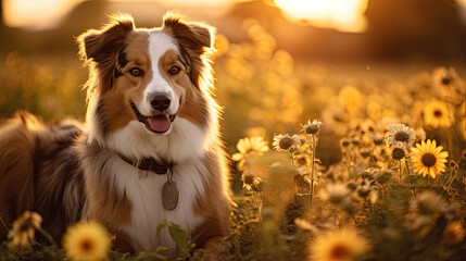 A dog sits in a flower meadow at sunset