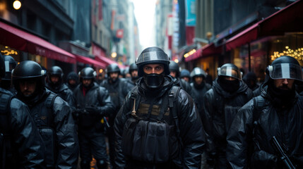 Group of demonstrators protesting in the city. Human rights rally and justice warrior concept.