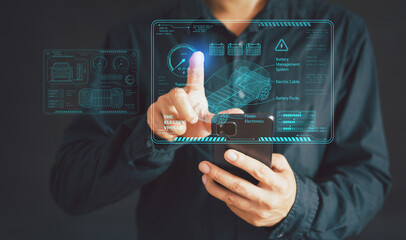 electric vehicle charging station for charging EV batteries. Plug for vehicle with electric engine.  EV charging station for electric vehicles in green energy and eco