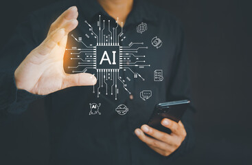 Businessman touching the brain working of Artificial Intelligence (AI) Automation, Predictive analytics