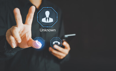 Unknown number calling in the middle of the night. Phone call from stranger. Man answering to incoming call. Phone call from unknown number. Call center gang, scammer or stranger.