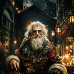 Obraz premium Christmas time, Santa Claus with a fashionable hipster-like modern look is in town again enjoying the season