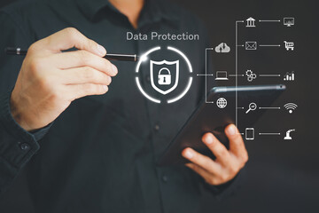 Cyber security network. Data protection concept. Businessman using laptop computer with digital padlock on internet technology networking with cloud computing and data management, cybersecurity
