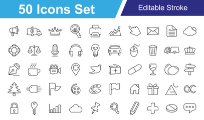 Line Icon Set. Marketing, Microphone, Wine, Cloud, Justice, Lifebuoy, Device, Coffee and Many More. Editable Stroke Vector Icons 
