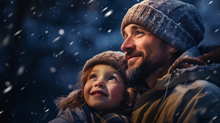 A young girl with dad watches in wonder at the first snowfall of the season their faces glowing with enchantment - obrazy, fototapety, plakaty