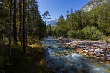 Fototapeta na wymiar Triglavska Bistrica River in Vrata Valley - drinkable water from Triglav National Park Slovenia