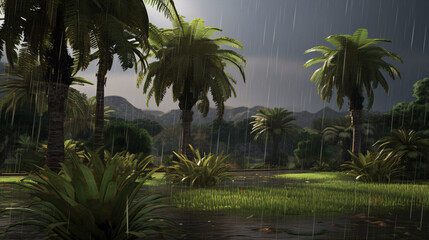 Obraz premium Torrential downpours amidst lush foliage during the off-peak times of the year.