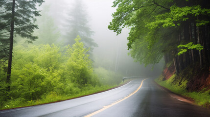 A tranquil summer scene, featuring a lonely asphalt road weaving its way through a dense forest, promising an undisturbed adventure..