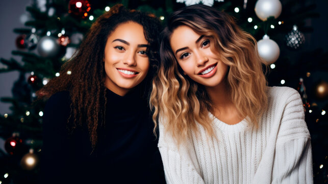 Two young beautiful smiling international hipster female wearing warm winter sweaters. Sexy carefree women posing on white background in studio. Ai generated