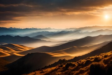 Fototapeta premium A Photograph of serene majesty: A vast expanse of mountains reaches towards the heavens, basking in the warm glow of a sun-kissed horizon.