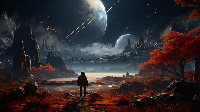 A sci-fi-themed digital depiction of an intrepid astronaut investigating a strange world with sublime vistas, perfect for spacy voyages.