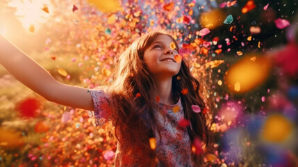 Happy girl in flying petals like those that it's snowing in spring. She rejoices in the coming of spring. Spring vibes. Emotional lifestyle portrait. Selective focus