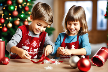 create photos of happy boy and girl making Christmas decorations. Generative Ai