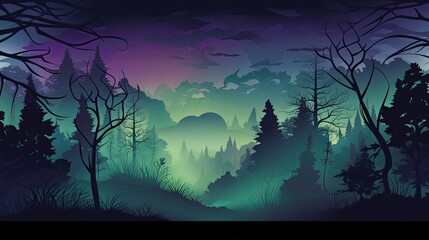 Eerie Halloween Forest: Moonlight Horror Fantasy with Dark Trees and Misty Silhouettes