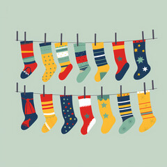 Two rows of colorful socks hanging on a line. Fun Christmas tradition. Isolated cartoon illustration of many different stockings. Group of socks on a rope. Laundry of various colors and patterns