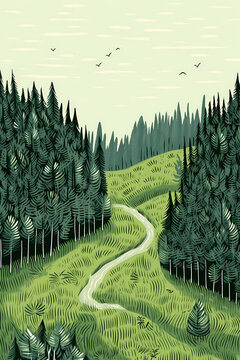 Nobody on a path in a summer fir-tree forest. Peaceful scenic landscape with woodland and birds in the sky. Green foliage on trees in the woods